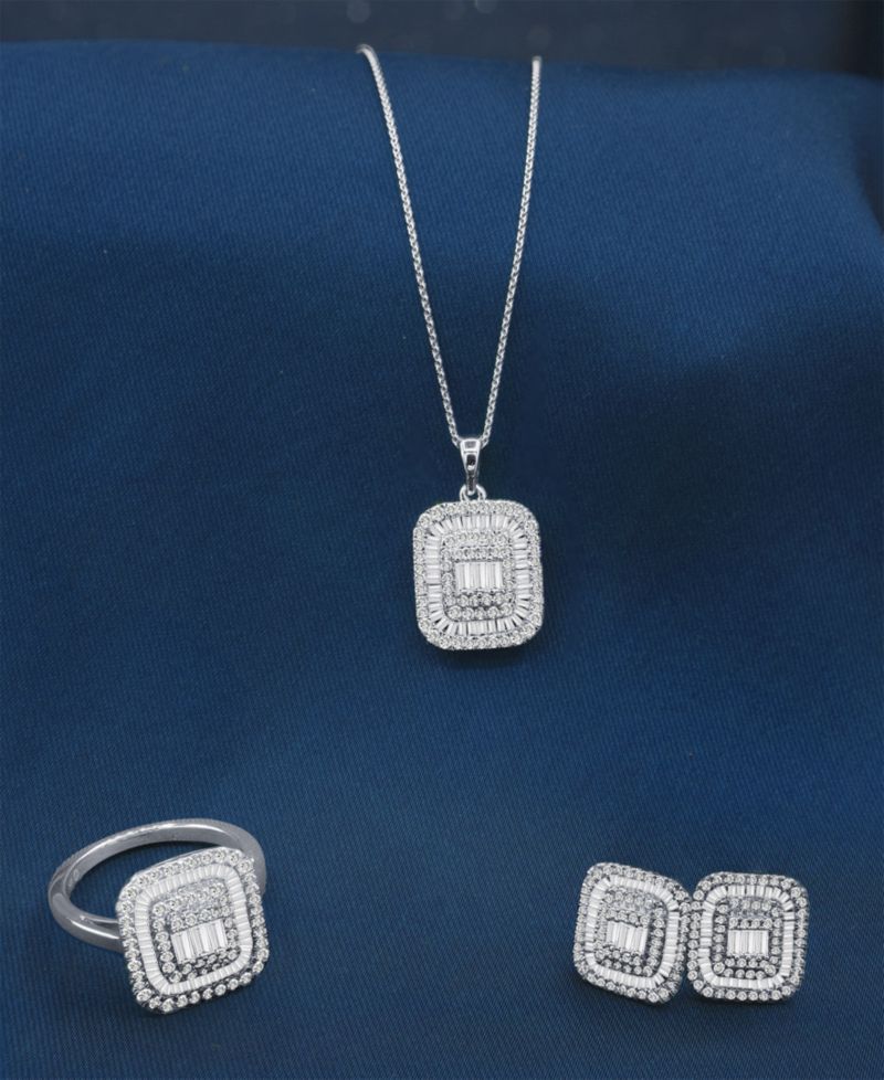 Diamond Round & Baguette Square Halo Cluster Pendant Necklace (1 ct. t.w.) in 14k White Gold, 16" + 2" extender