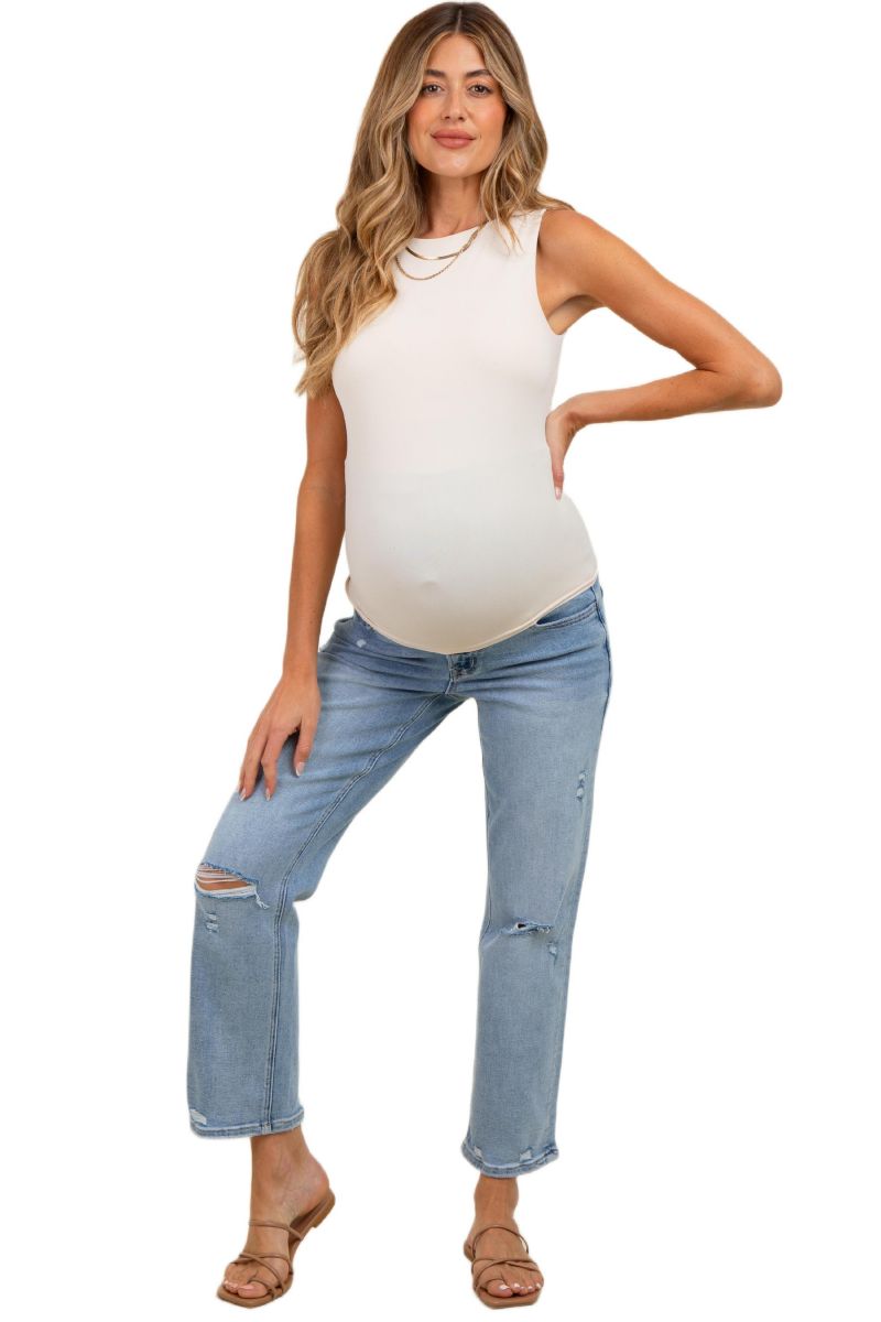 Women's Light Blue Distressed Open Knee Ankle Straight Leg Jeans