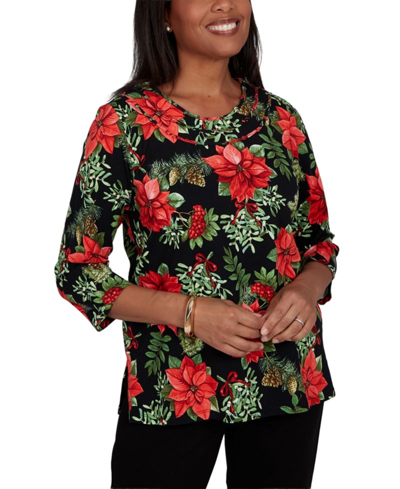 Petite Floral-Print 3/4-Sleeve Blouse