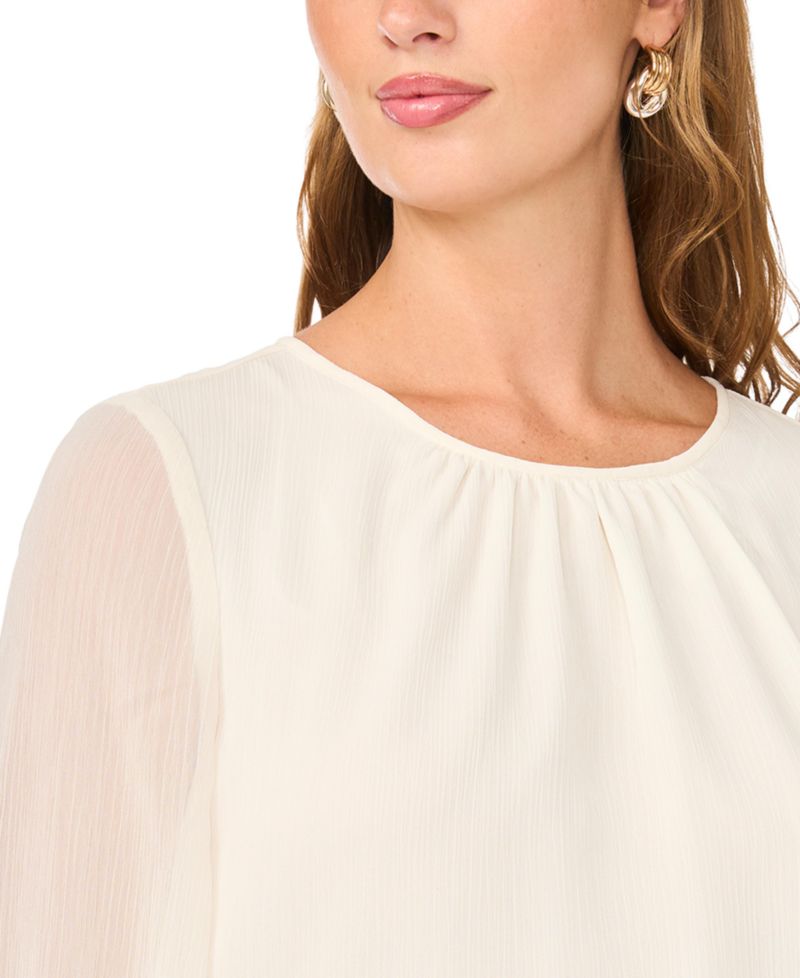Women's Gathered Crewneck Long-Sleeve Chiffon Blouse