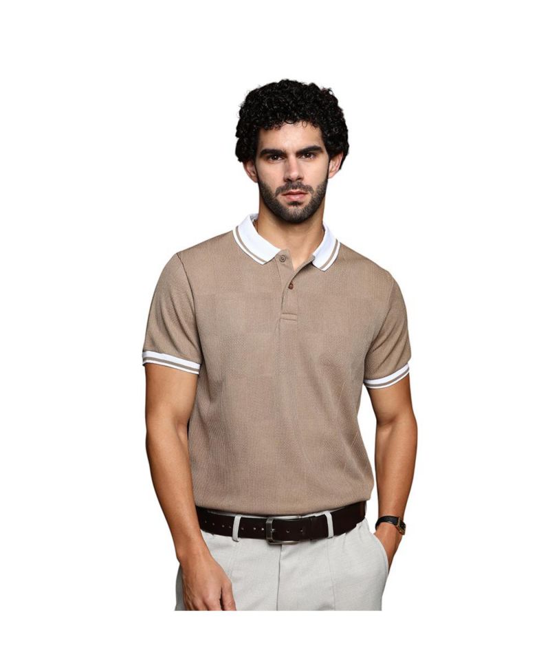 Men's Sand Beige Cuboid-Stripe Polo T-Shirt