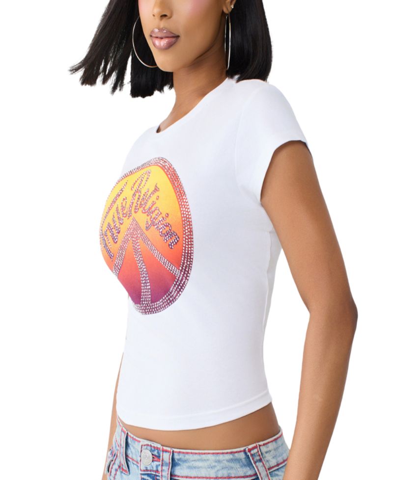 Women's Crystal Peace Sign Graphic Crop Baby T-Shirt