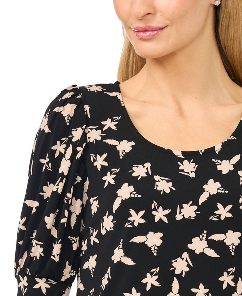 Women's Floral Crewneck 3/4-Sleeve Shirred Top