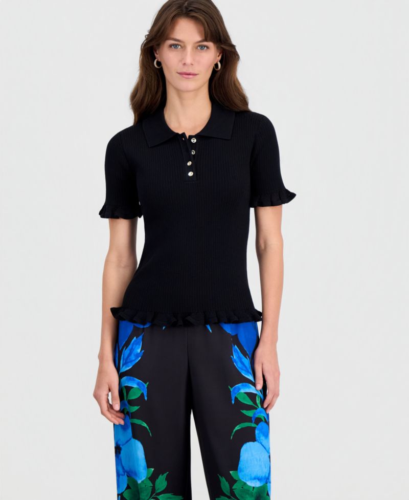 Women's Half-Placket Ribbed Ruffle-Trim Top