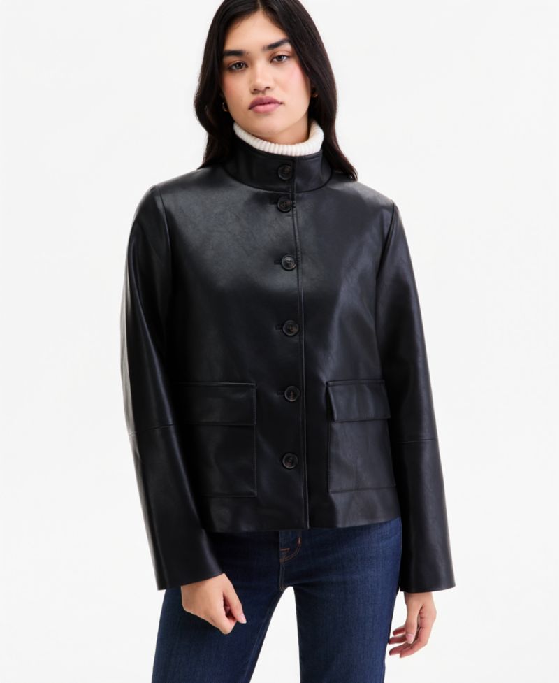 Women's Faux Leather Stand Collar Jacket