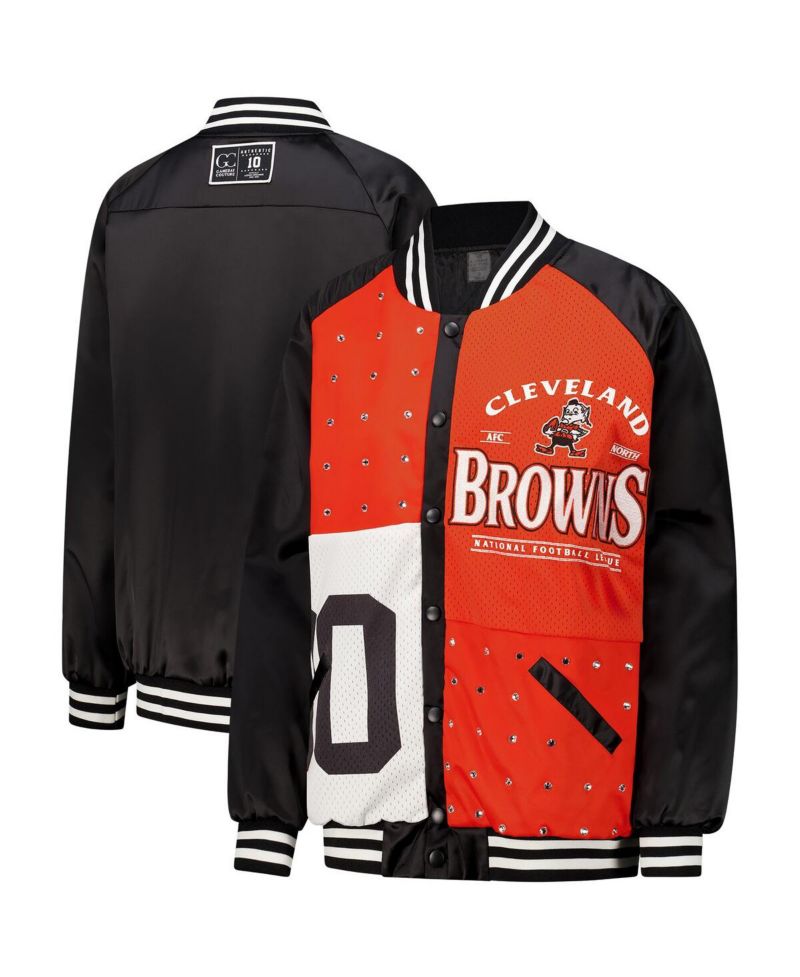 Women's Black/Orange Cleveland Browns Oversized Hot Shot Rhinestone Throwback Full-Snap Varsity Bomber Jacket