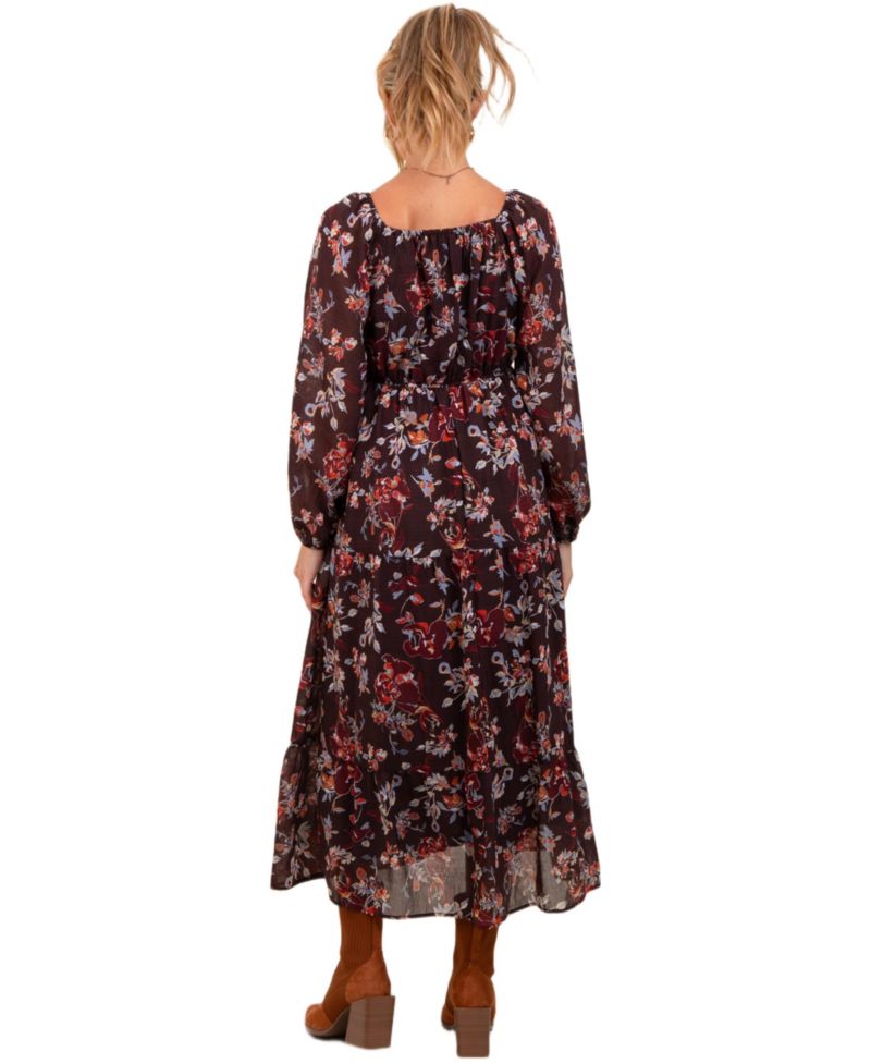 Women's Brown Floral V-Neck Bubble Sleeve Maxi Dress