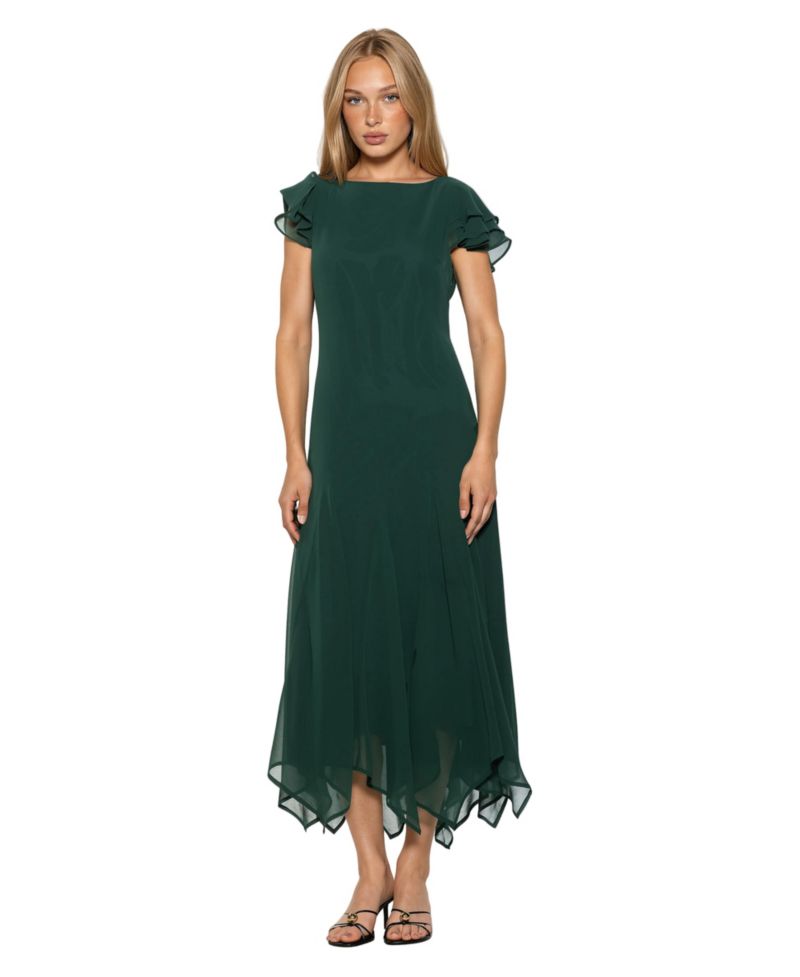 Women's Kaelith Ruffle-Sleeve Asymmetrical-Hem Midi Chiffon Dress