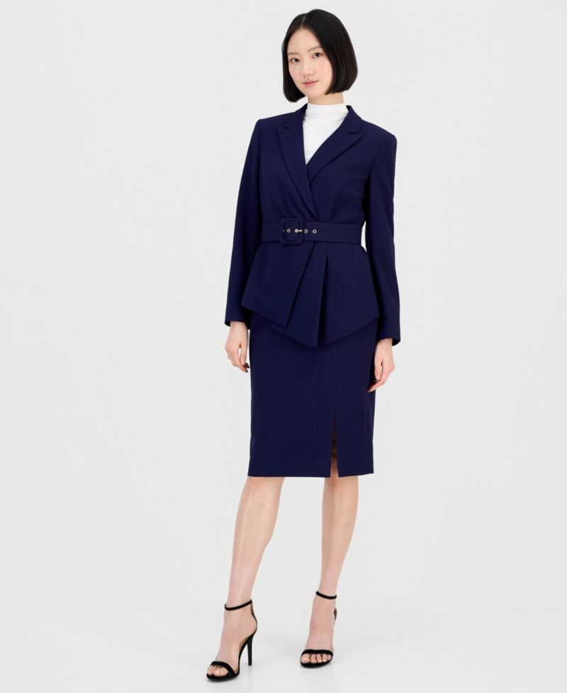 Women's Asymmetrical Belted Jacket & Pencil Skirt Suit Set