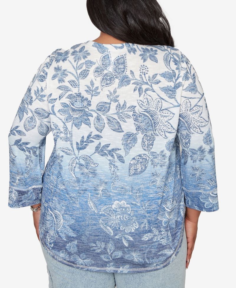 Plus Size Out of the Blue Ombre Batik Floral Henley Top