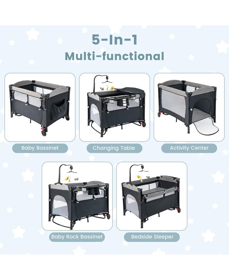 5-in-1 Baby Playpen and Bedside Crib with Music Box for Newborns and Infants