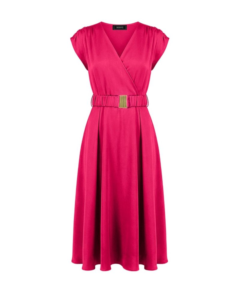 Women's Sleeveless Midi Satin Dress with Belt