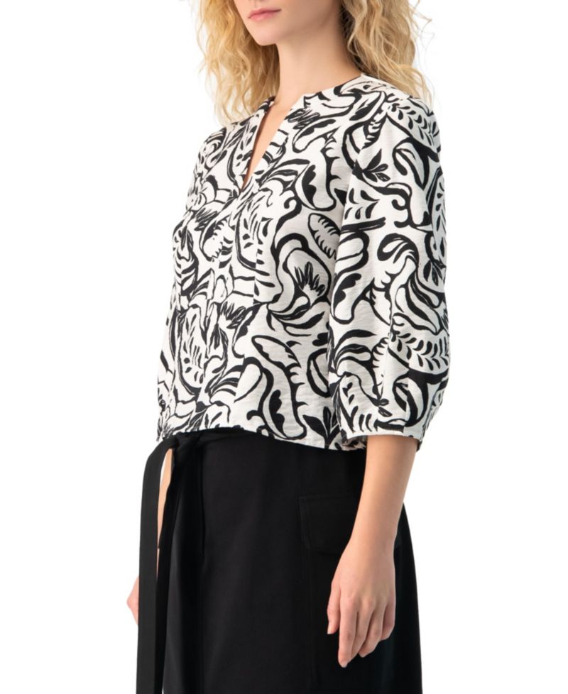 Women's Graphic Brushstroke Floral Woven V-Neck Blouse