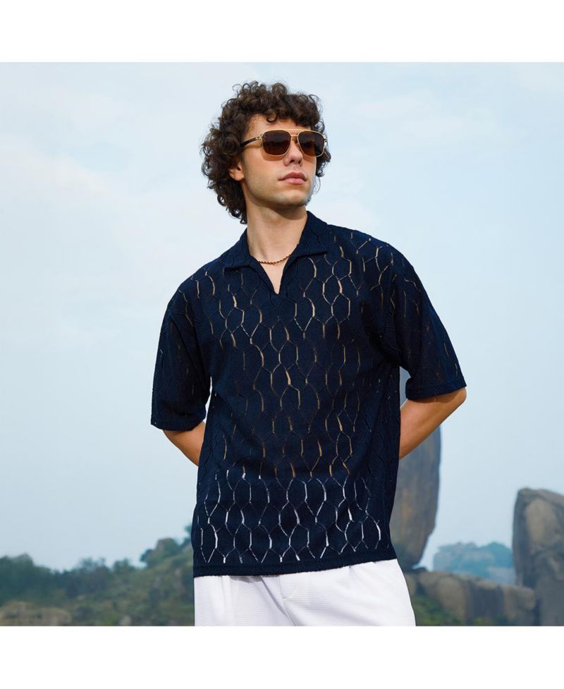 Men's Prussian Blue Honeycomb-Knit Polo T-Shirt