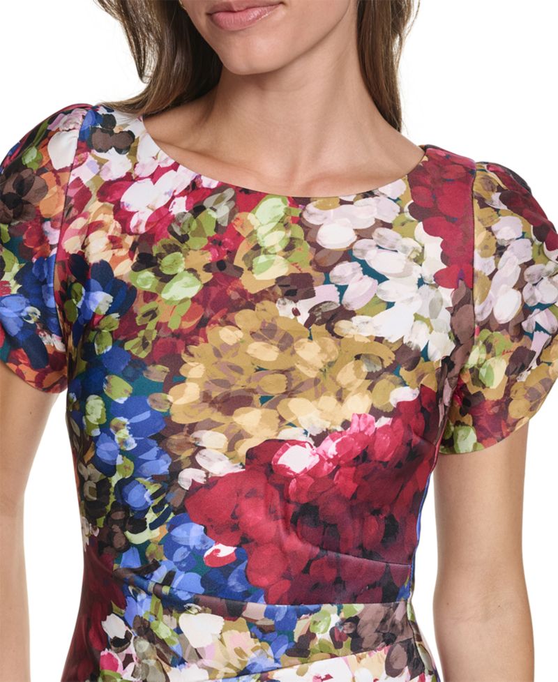 Women's Floral-Print Short-Sleeve Scuba Crepe Dress