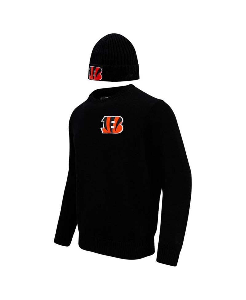 Men's Black Cincinnati Bengals Crewneck Pullover Sweater and Cuffed Knit Hat Box Gift Set