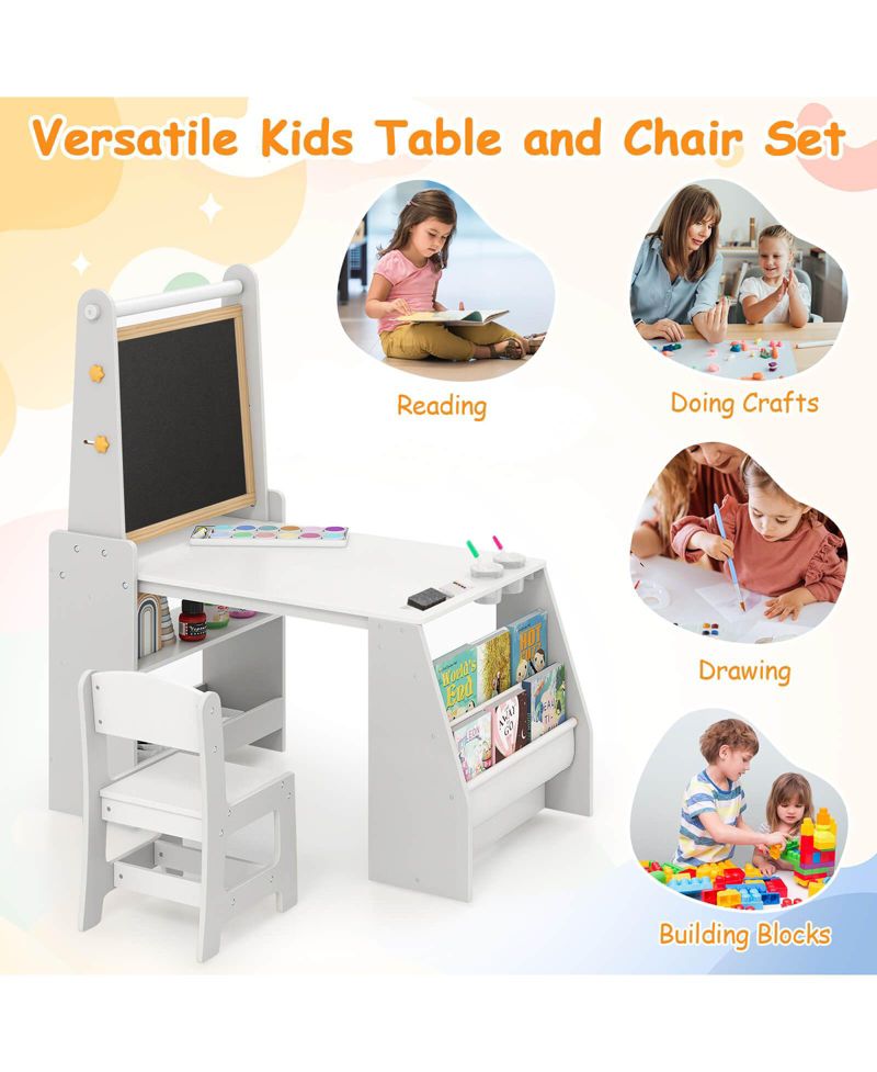 Kids Art Table and Chair Set with Easel Whiteboard Chalkboard Paper
