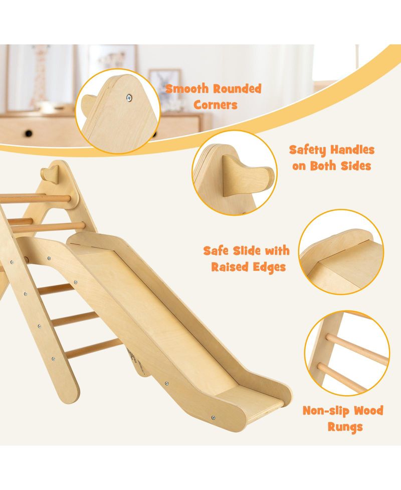 Ages 1+ 2-in-1 Wooden Triangle Climber with Adjustable Slide, 2-Piece Set