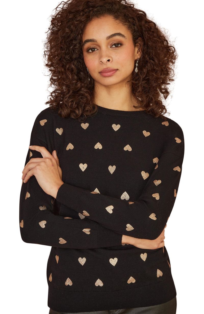 Women's Foil Heart Print Relaxed Fit Sweater