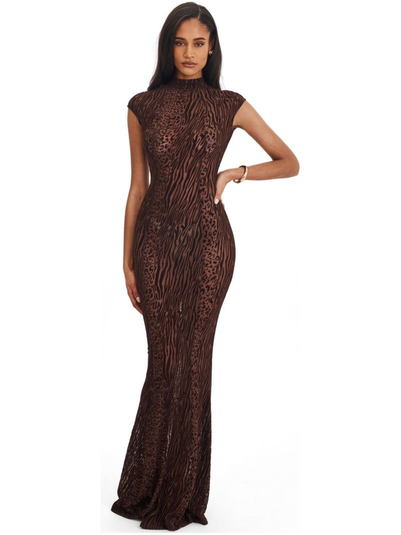 Women's Tyanna Mocha Burnout Velvet Mesh Backless Mermaid Maxi Dress
