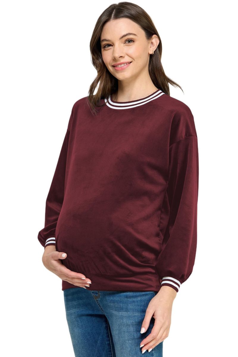 Women's Velvet Striped Neckline Long Sleeve Maternity Sweatshirt Top