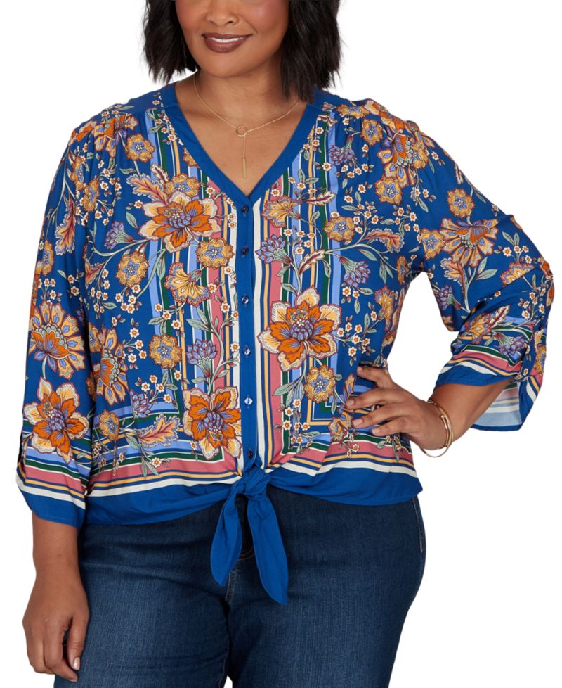 Plus Size Floral Vines Tied Button-Front Blouse