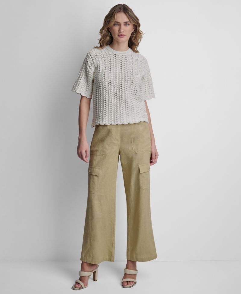Women's Short-Sleeve Open Lattice Stitch Sweater