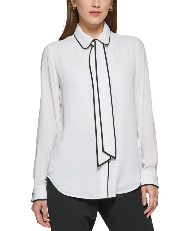 Petite Piped-Trim Button-Up Blouse