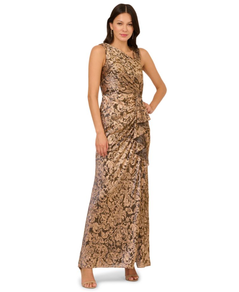 Women's Asymmetrical-Neck Metallic-Crinkle Wedding Guest Long Dress