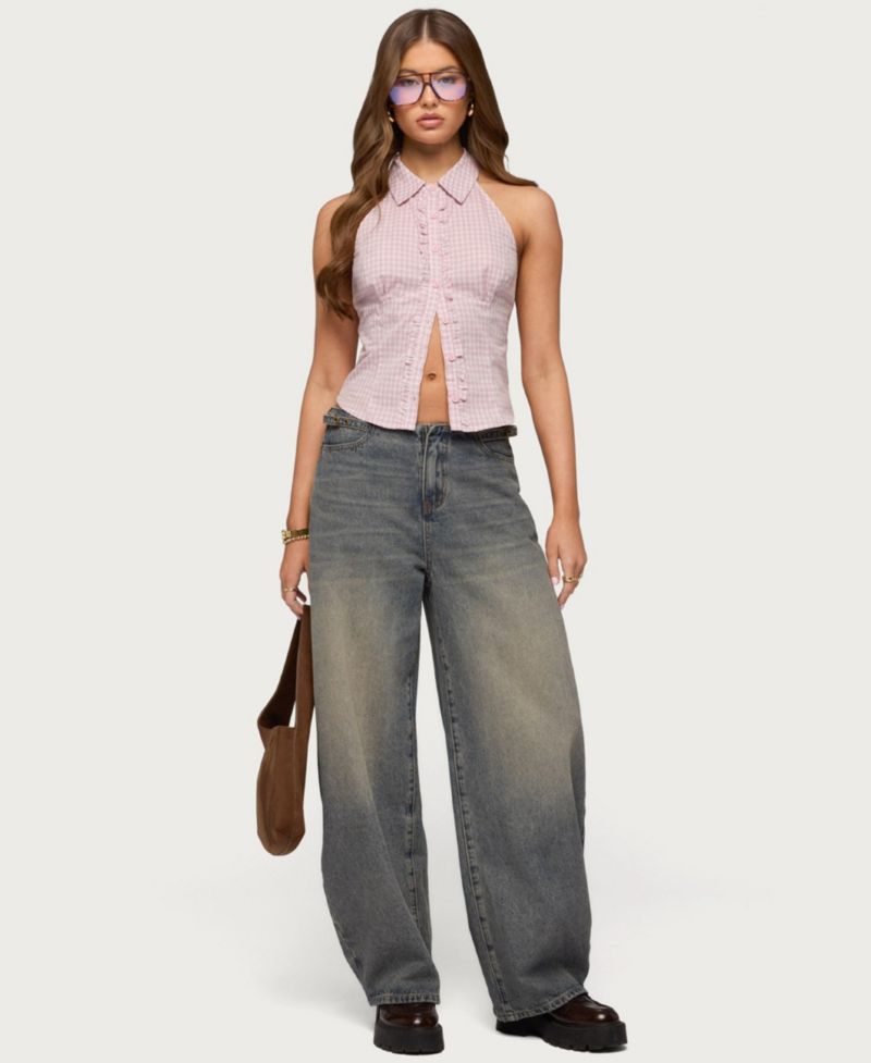 Women's Side Belt Low Rise Barrel Jeans