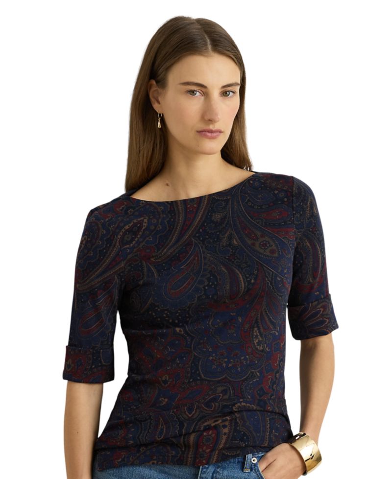 Petite Paisley Boat-Neck Stretch Cotton-Blend T-Shirt