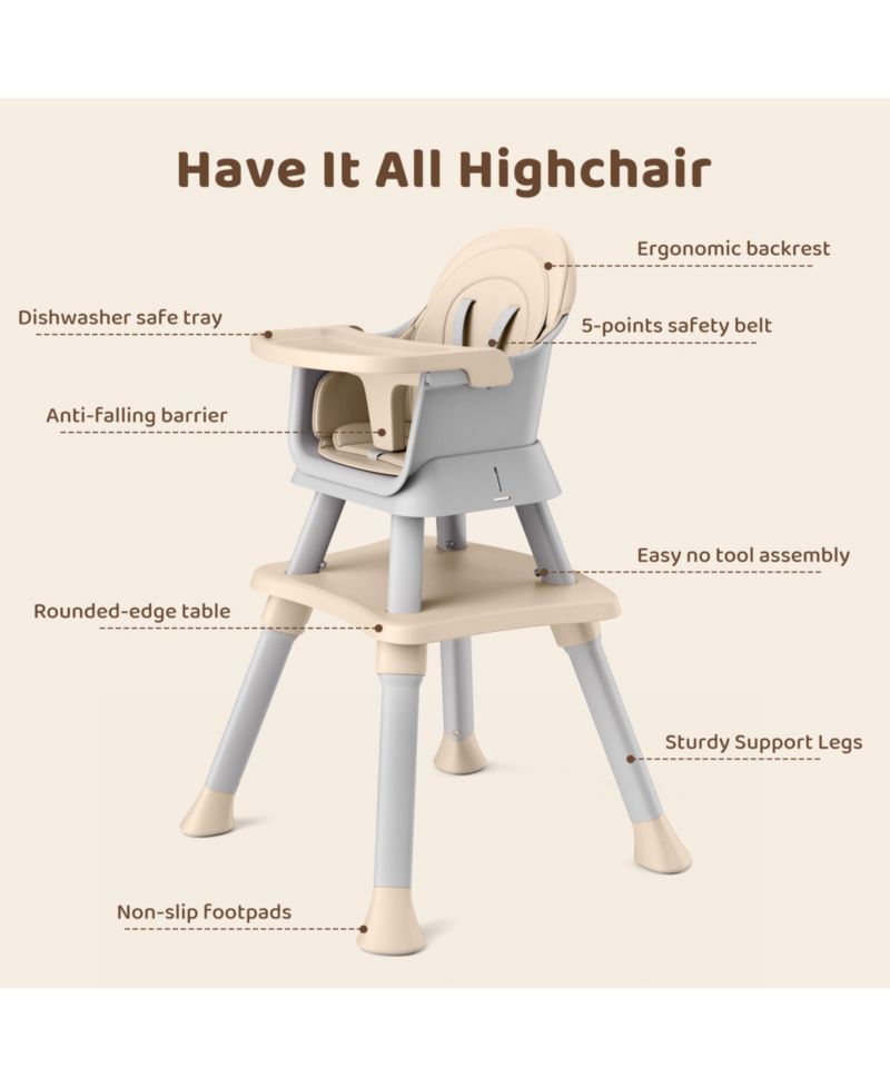 8-in-1 Baby High Chair Converts to Booster Seat and Kids Table Set with Removable Tray