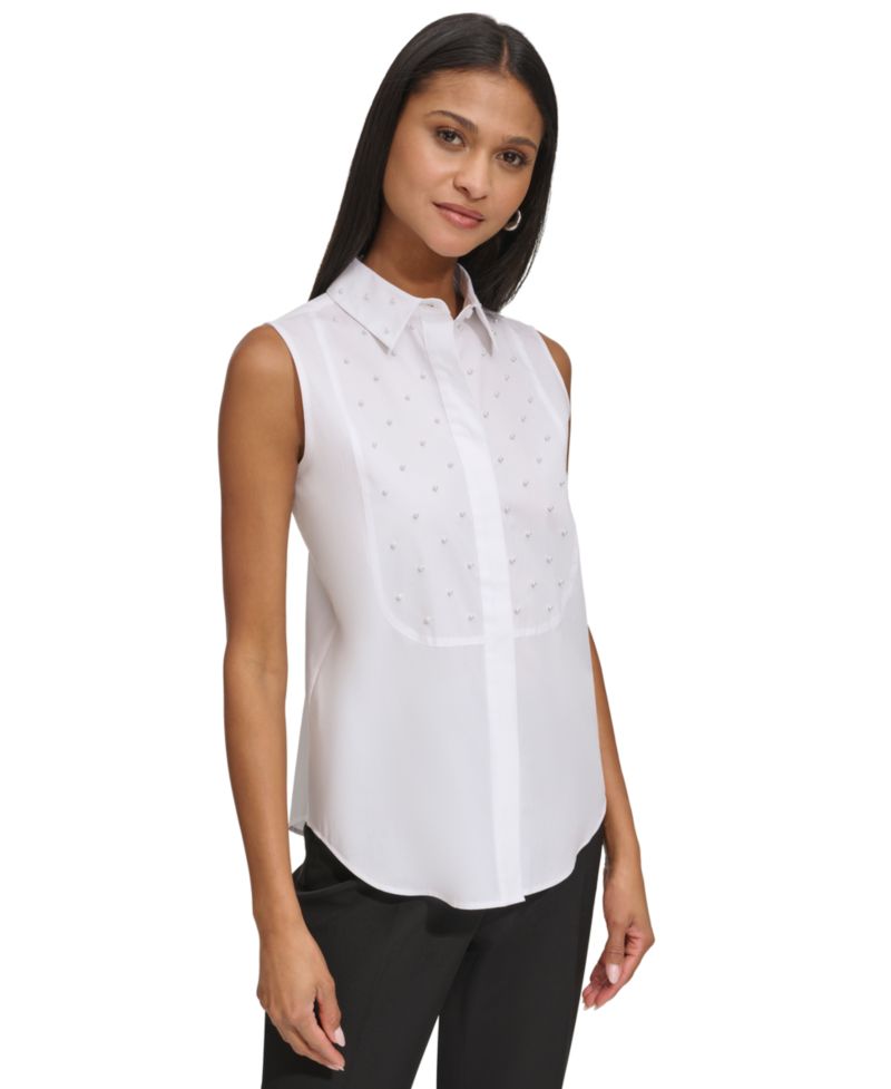Women's Pearl-Embellished Sleeveless Collared Shirt
