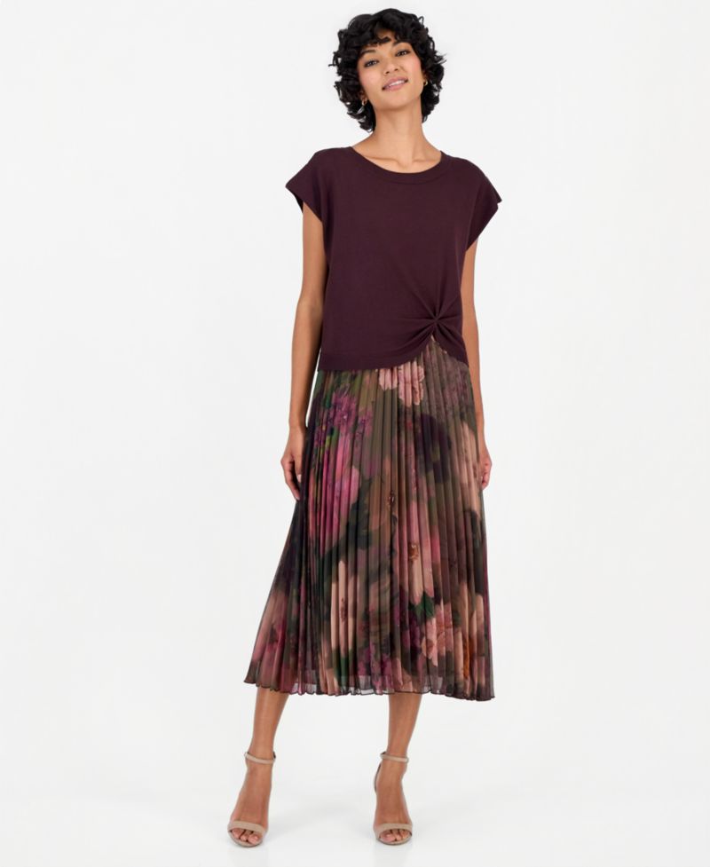 Petite Knit-Bodice Pleated-Skirt Dress