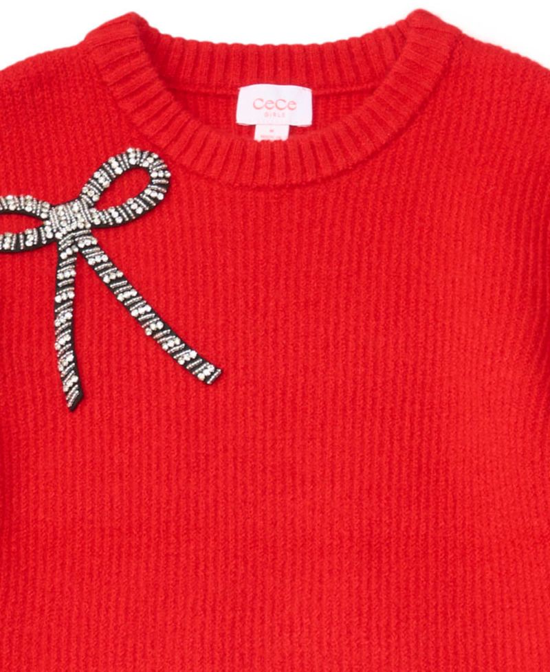Girls' 7-16 Long-Sleeve Embellished-Bow Crewneck Dress