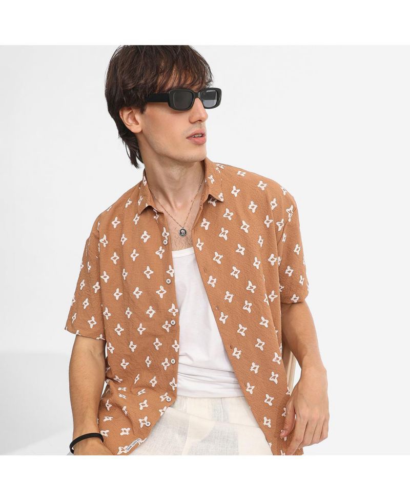 Men's Tan Floral-Tactile Oversized Shirt