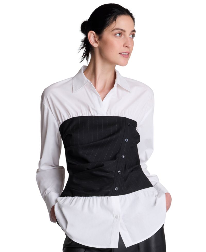 Women's Poplin Long Sleeve Shirt with Pinstripe Bustier