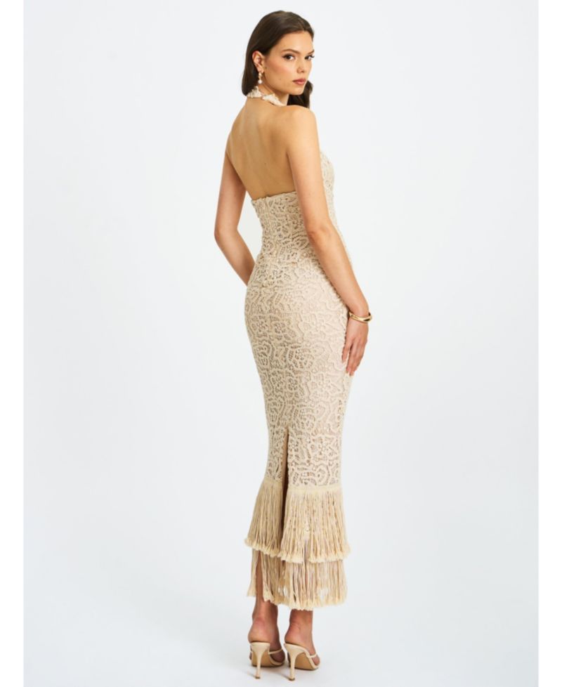 Women Faelyn Off-White Double Fringe Crochet Halter Maxi Dress