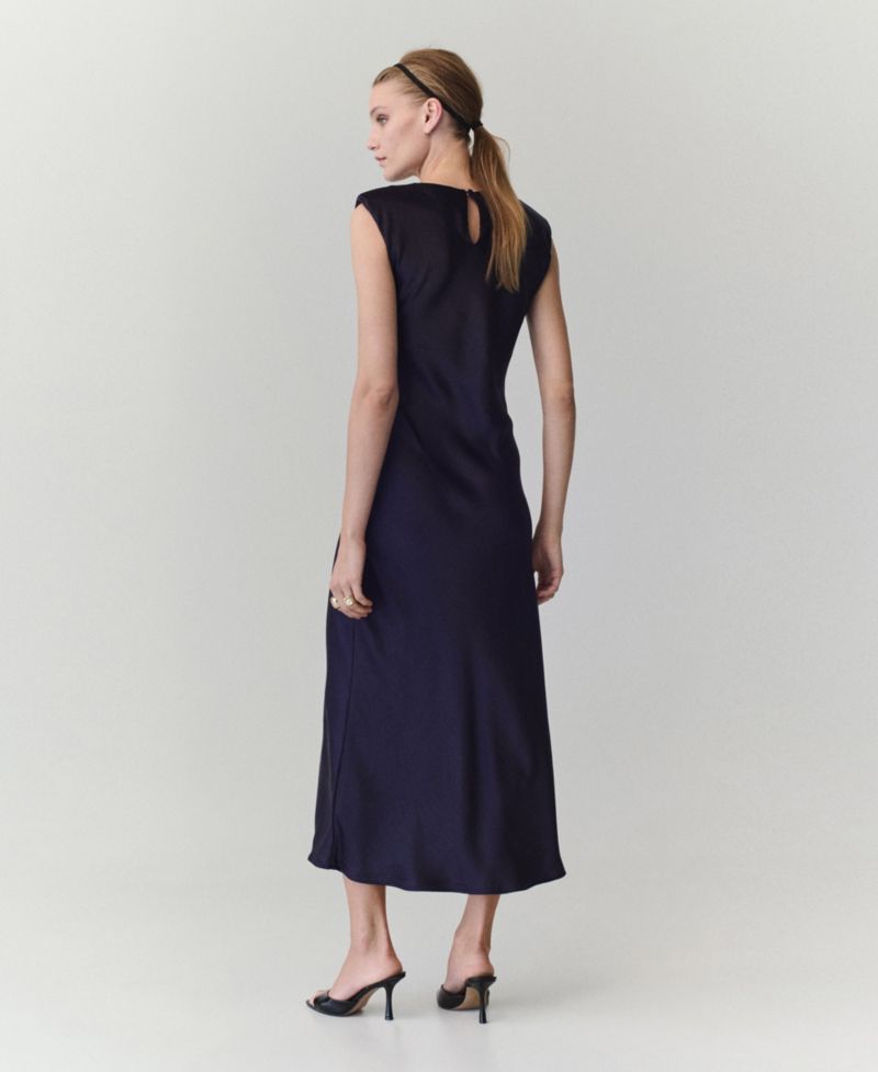 Women's Shoulder Pads Satin Midi Dress