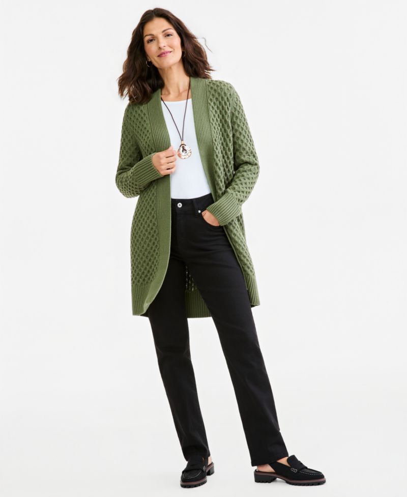 Petite Honeycomb-Knit Open-Front Long Cardigan