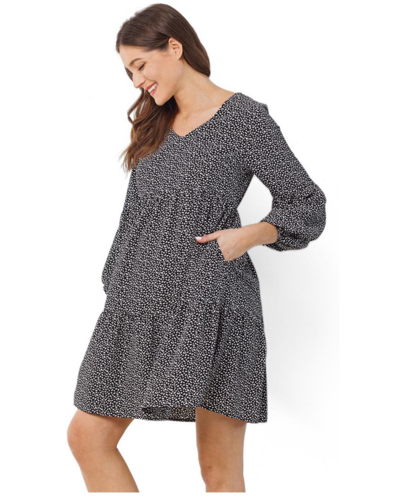 Women's Printed Empire Waist Tiered Dress with Side Pockets