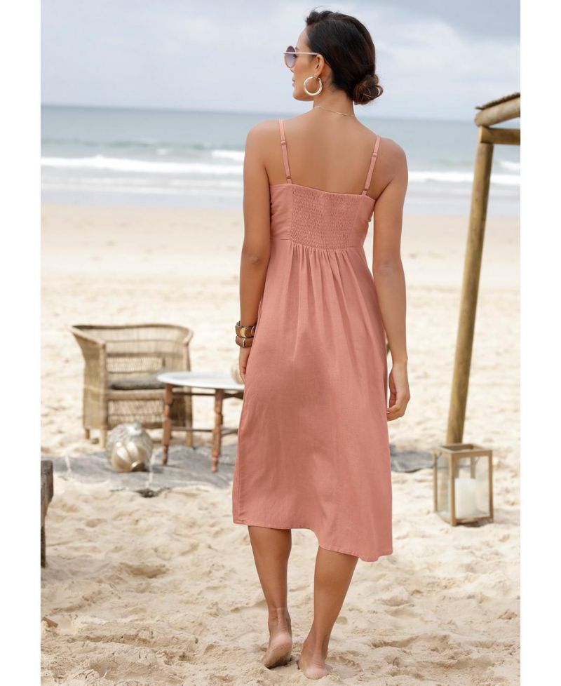 Women's Printed Button Up Panel Smocked A-Line V-Neck Midi Dress