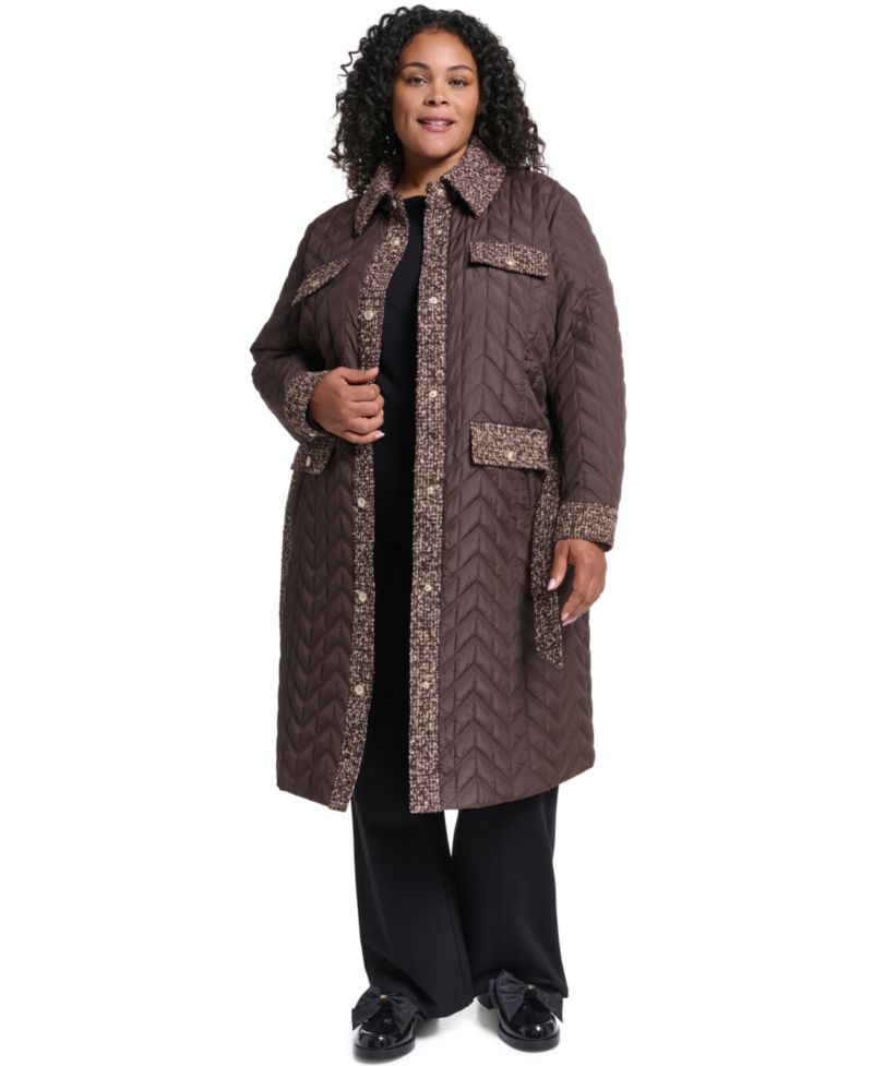 Plus Size Long Quilted Tweed-Trim Coat