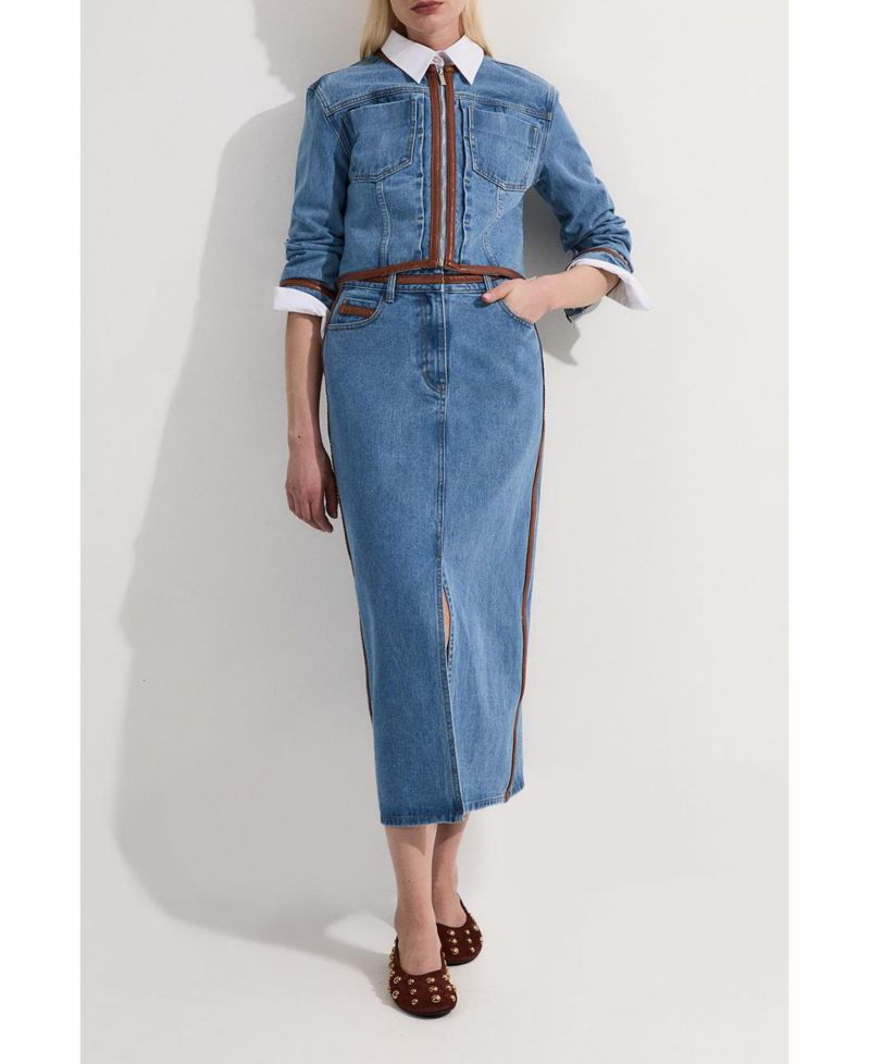 Women's Denim and Leather Collarless Jacket