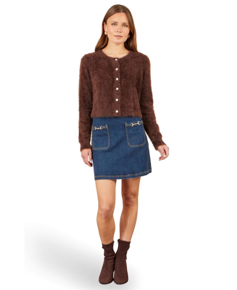 Women's Eyelash Knit Sparkle-Button Crew Neck Cardigan