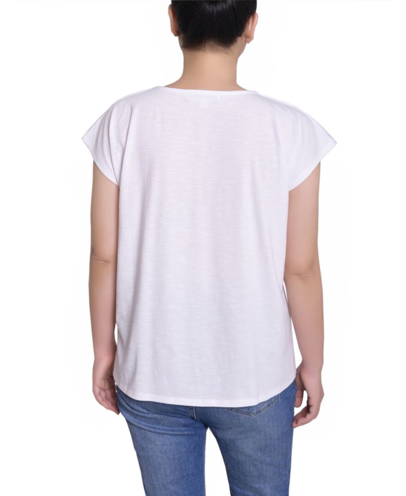 Petite Embroidered Yoke Extended Sleeve Top