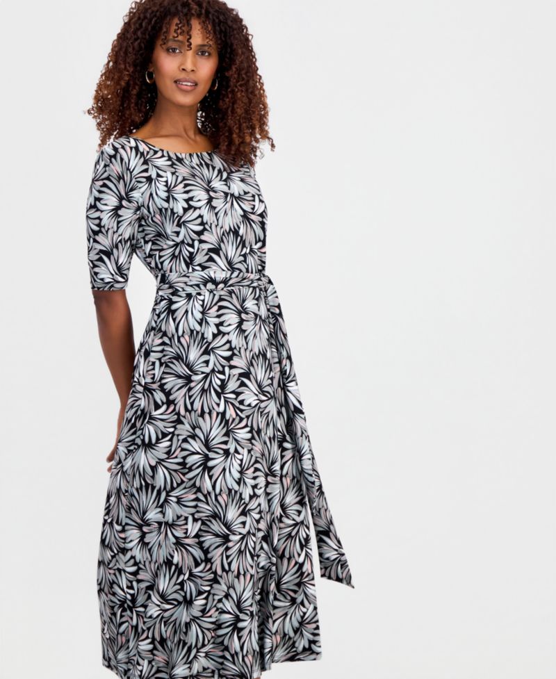 Women's Printed Elbow-Sleeve Fit & Flare Dress