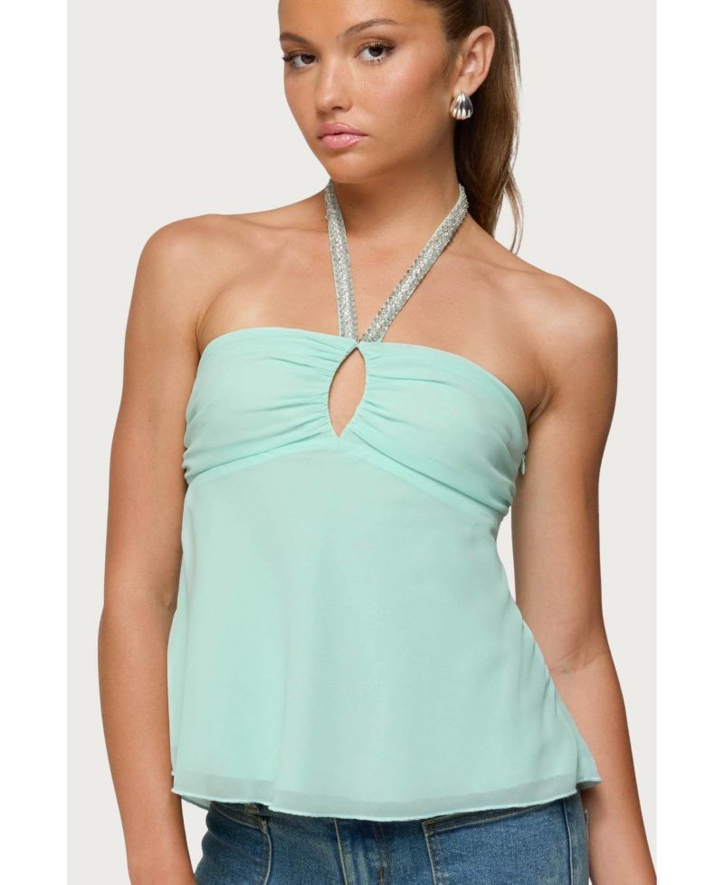 Women's Sequin Chiffon Keyhole Halter Top