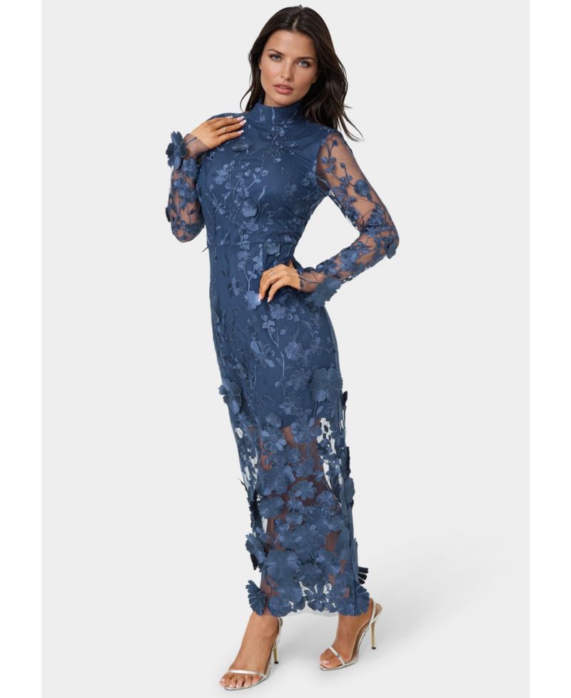 Women's 3D Floral Mock Neck Midi Dress