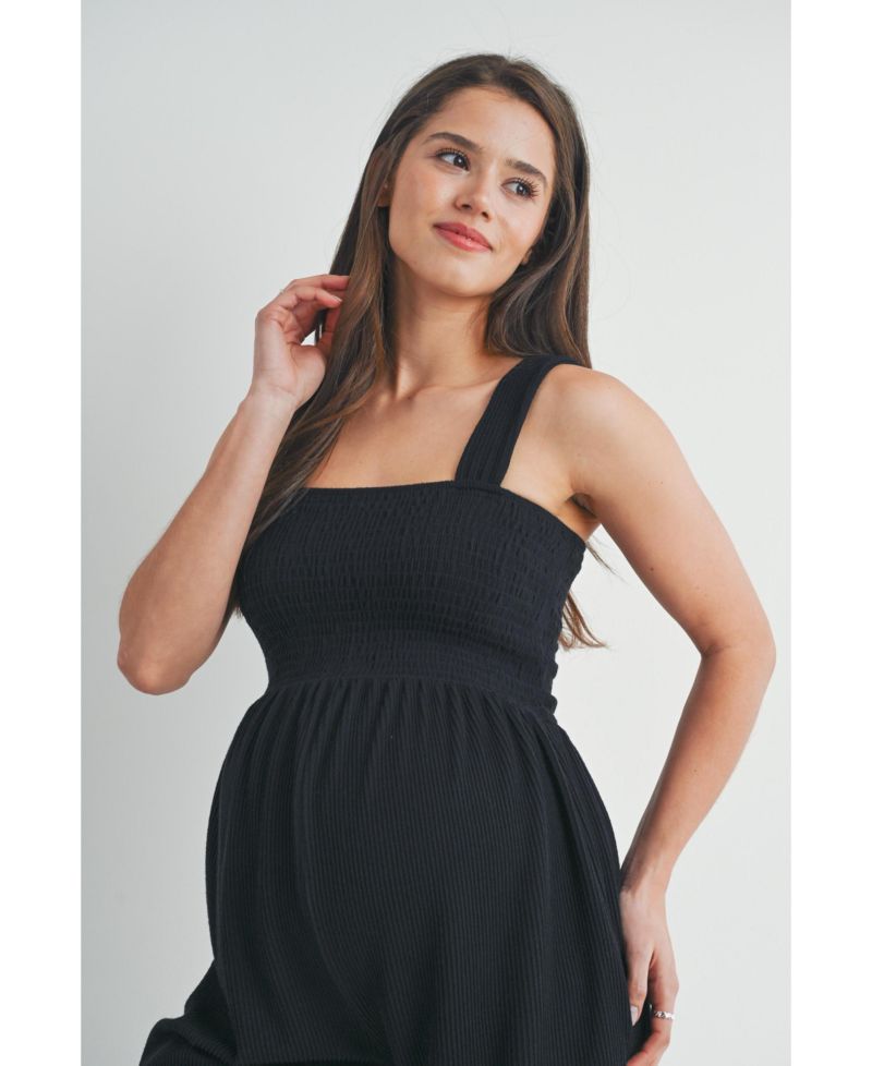 Maternity Ribbed Knit Square Neck Smocked Sleeveless Romper